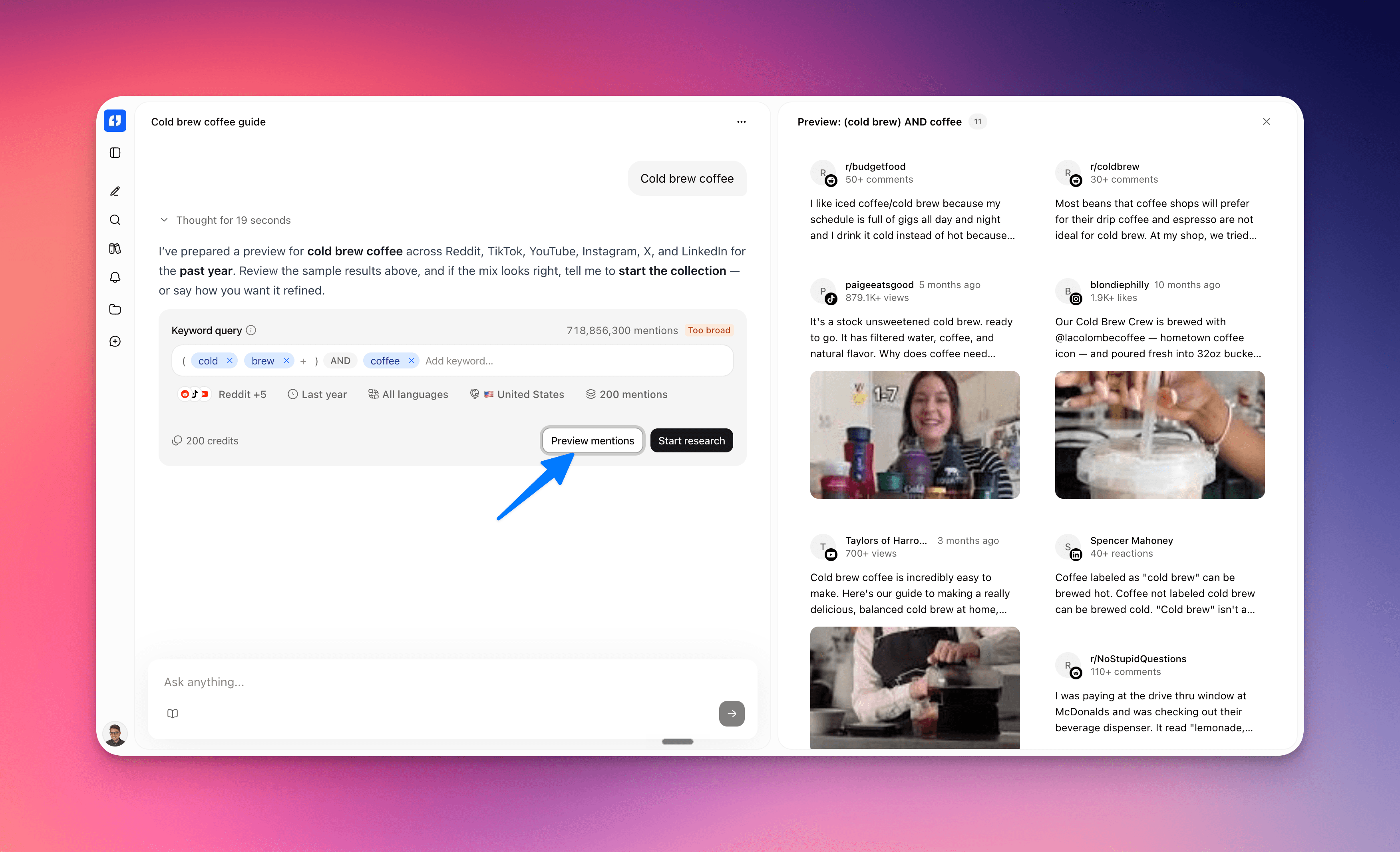 Start research spends credits and begins collecting mentions Screenshot: Start research button on the preview card